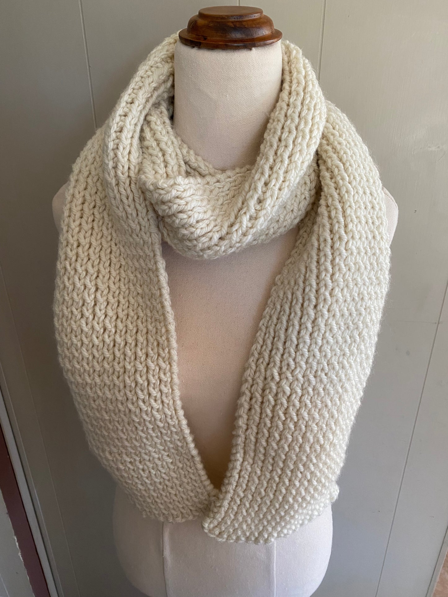 Genuinely hand knitted scarf in salt white