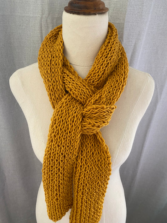 Genuinely hand knitted scarf in mustard yellow