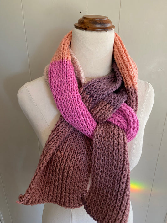 Genuinly hand knitted scarf in pink, brown beinge and orange  gradient