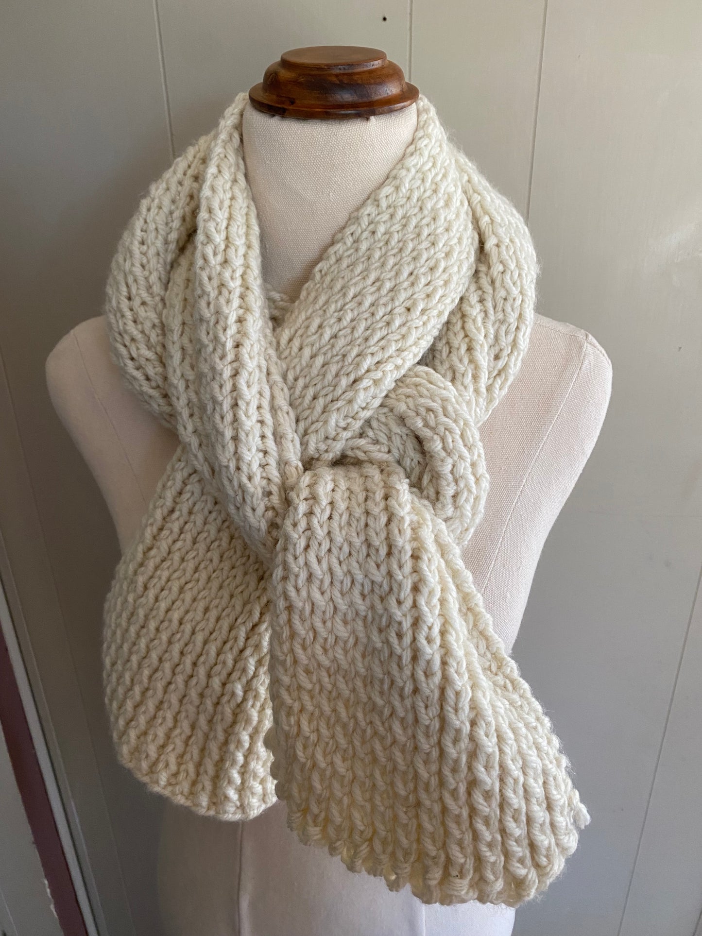 Genuinely hand knitted scarf in salt white
